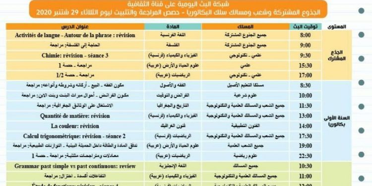برنامج بث الدروس على القنوات المغربية ليوم الجمعة الثلاثاء 29 شتنبر 2020