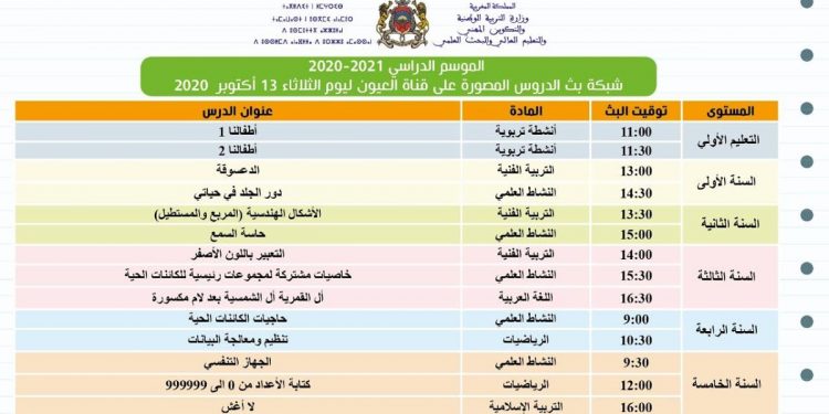 توقيت بث الدروس على قناة الرابعة والعيون والأمازيغية الثلاثاء 13 أكتوبر 2020
