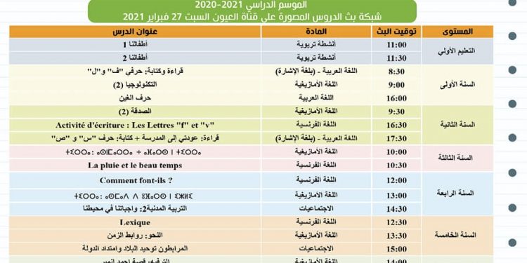 توقيت بث الدروس على قناة الرابعة والعيون والأمازيغية السبت 27 فبراير 2021