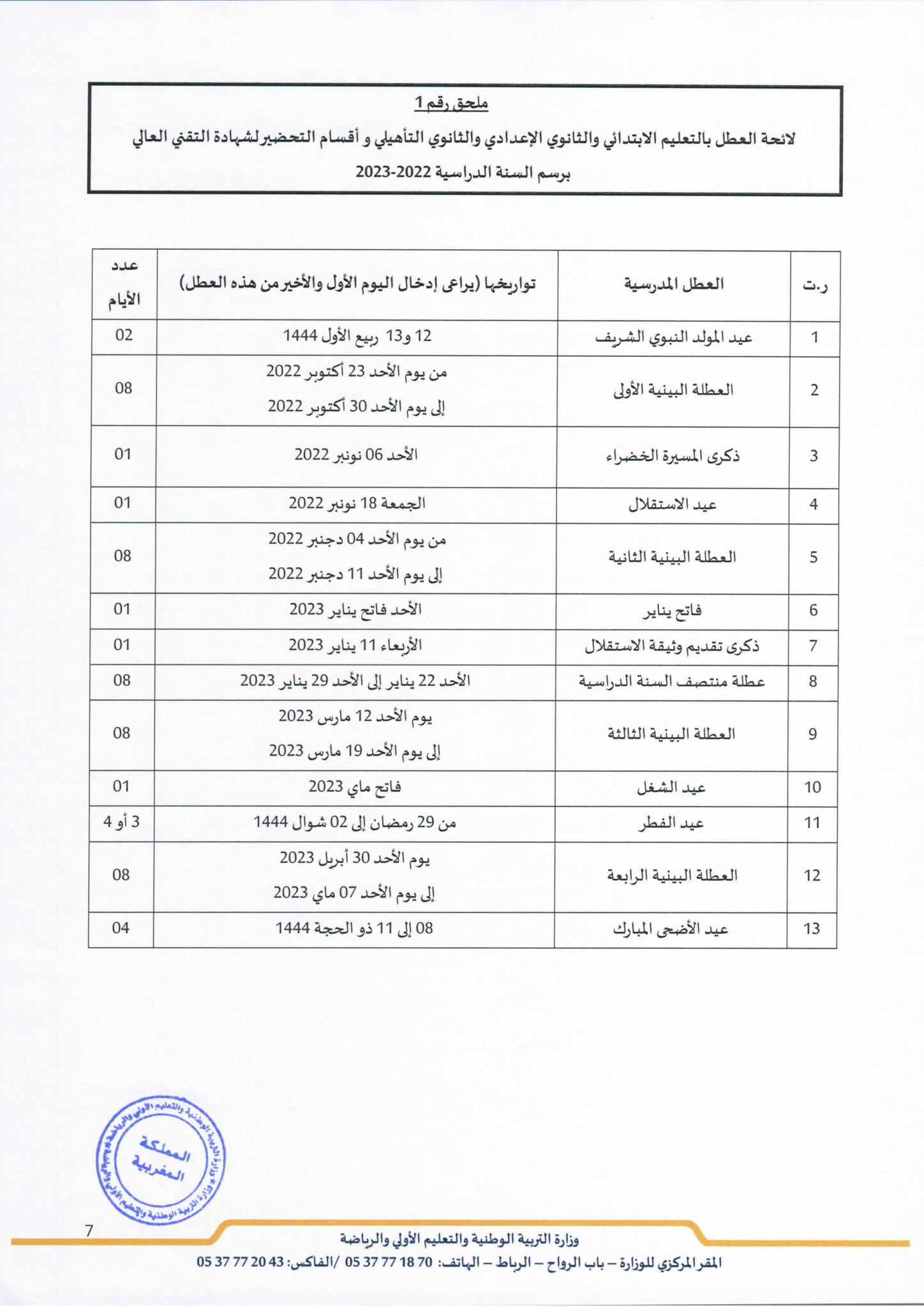 لائحة العطل المدرسية 2022/2023